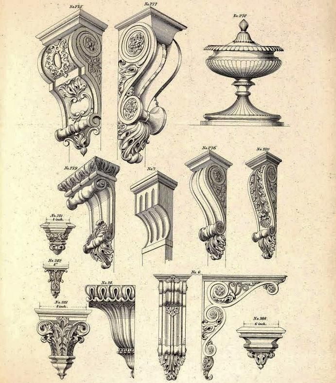 an old book page with different types of corbels and vases