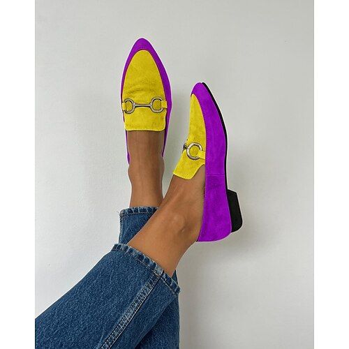 Category:Mules; Upper Materials:Faux Suede; Season:Spring,Fall; Heel Type:Block Heel; Gender:Women's; Size Suggestion:standard size, select your usual size; Activity:Walking; Toe Shape:Pointed Toe; Style:Vintage,Casual; Heel Height(inch):1-2; Outsole Materials:Rubber; Occasion:Daily; Closure Type:Loafer; Pattern:Color Block; Listing Date:05/15/2024; 2024 Trends:Brogue; Foot Length:; Foot Width:; SizeChart1_ID:2:186488; Heel Height:Low Heel Fall Heel, Velvet Block Heels, Stile Casual Chic, Women's Slip Ons, Loafers Online, Yellow And Purple, 2024 Trends, Chic Casual, Womens Mules