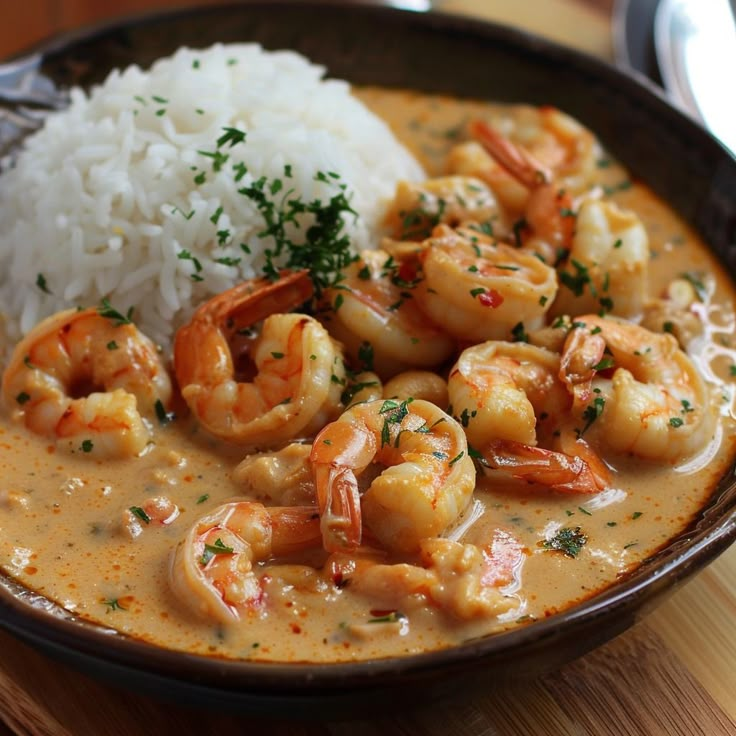 a bowl filled with shrimp and rice on top of a wooden table