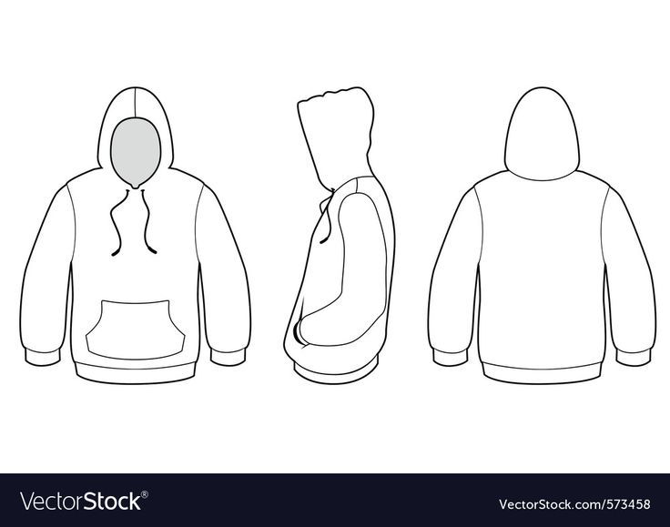 three hooded sweatshirts with hoodies on the back and side view, front and back views