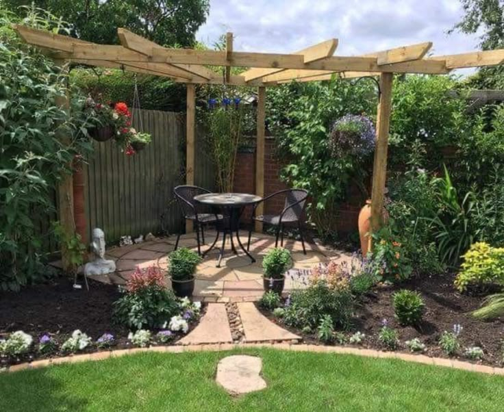 an outdoor patio and garden area in a backyard