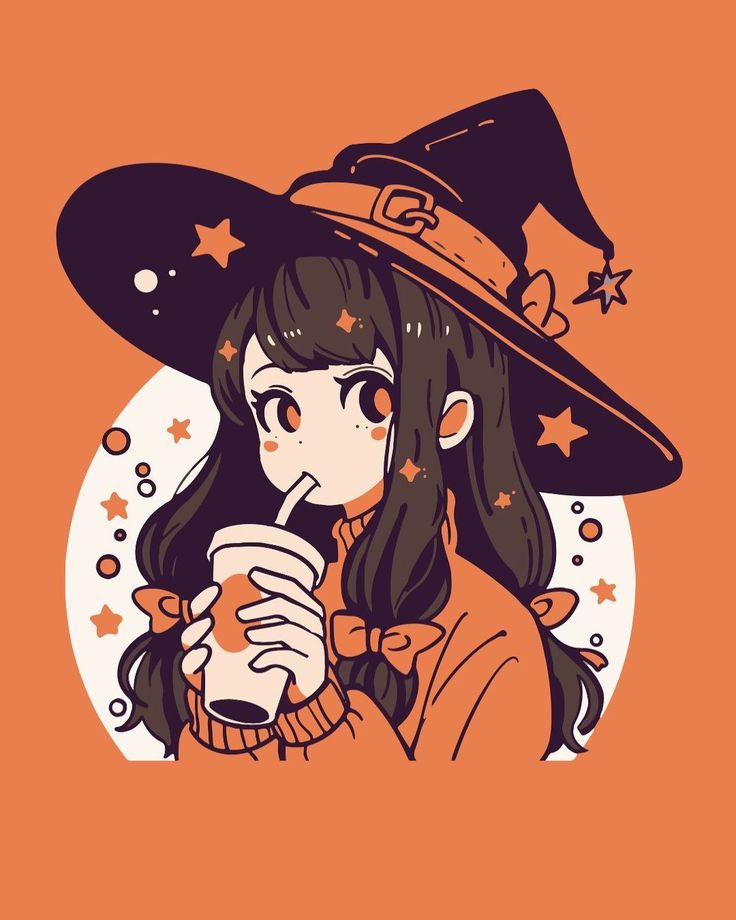 a girl in a witches hat drinking from a glass with an orange background and stars around her