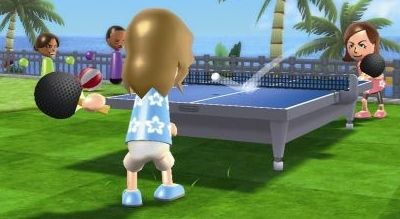 an animated image of people playing ping pong on the grass with palm trees in the background