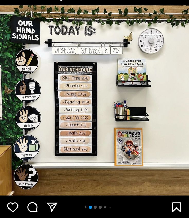 a bulletin board with school signs and magnets on it's side, hanging from the wall