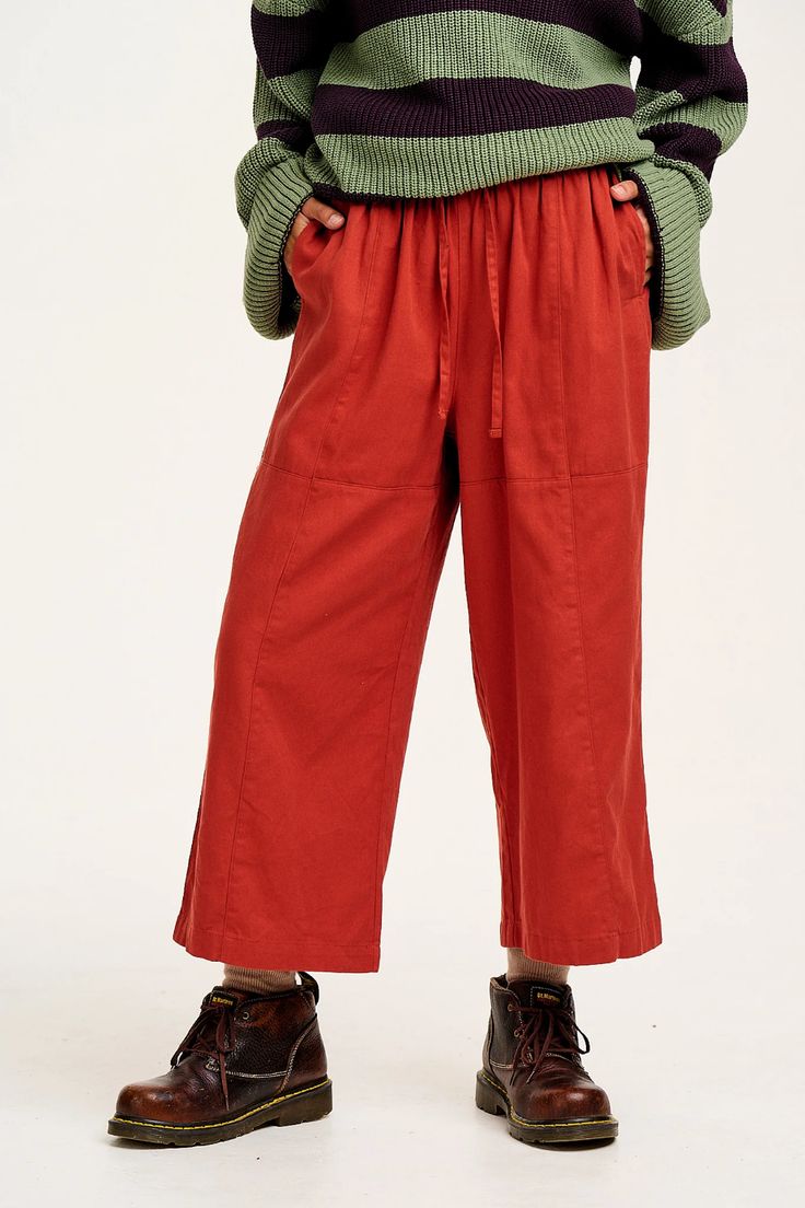 Chuck - Wide Leg Cotton Trousers in Red Ochre – Lucy & Yak Red Jumpsuits Outfit, Plus Size Business Attire, Jumpsuit Outfit Casual, Lucy Yak, 2024 Aesthetic, Lucy And Yak, Red Trousers, Red Ochre, Relaxed Trousers