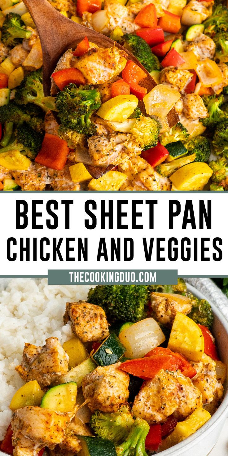 Close-up of sheet pan chicken and veggies over a bowl of rice. Sheet Pan Chicken And Veggies, Pan Chicken And Veggies, Chicken And Veggie Recipes, Sheet Pan Suppers, Chicken And Veggies, Sheet Pan Dinners Recipes, Sheet Pan Chicken, Health Dinner, Pan Chicken