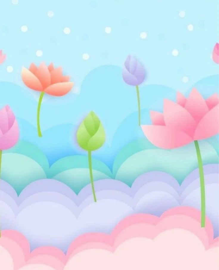 three pink flowers floating in the air on top of clouds and watermelon plants