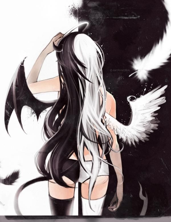 a drawing of a woman with long white hair and black wings on her back, standing in front of a dark background