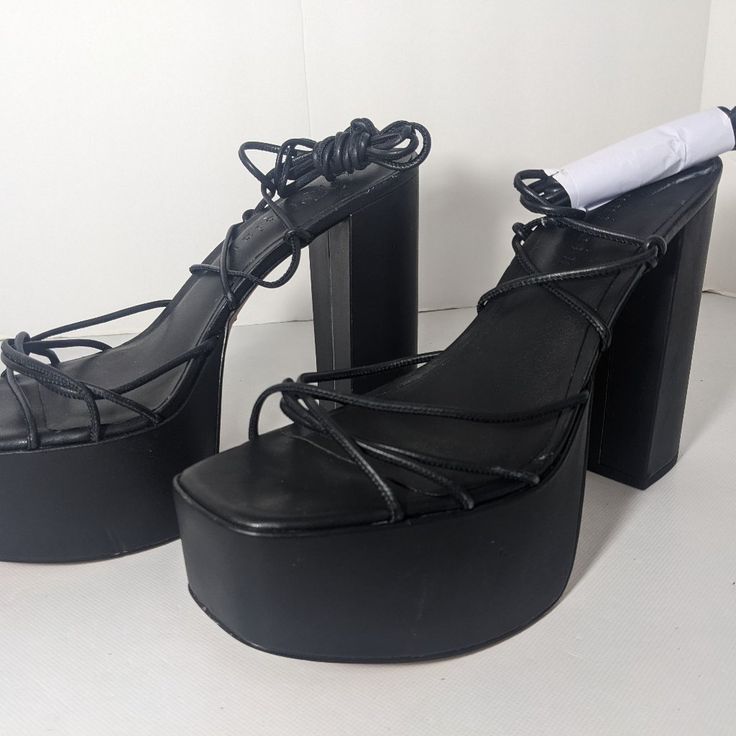 New Without Box (Very Minor Marks Or Scuffs May Exist From The Distributor Storing It With No Box) Womens Gianni Bini Platform Block Heeled Sandals Strappy Ankle Tie Leather Upper / Manmade Sole Color: Black Size 11m Leather Strappy Platform Heels, Strappy Leather Platform Heels, Chic Synthetic Lace-up Sandals With Block Heel, Black Lace-up Sandals For Evening, Summer Black Faux Leather Heels, Formal Lace-up Synthetic Sandals, Evening Block Heel Lace-up Sandals, Leather Lace-up Sandals With Padded Heel, Evening Lace-up Block Heel Sandals In Synthetic