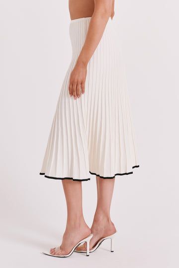 Jolene Contrast Rib Knit Midi Skirt - White - MESHKI U.S White Fitted Midi-length Pleated Skirt, White Knitted Midi Skirt, White Stretch Ribbed Skirt, Cream Flowy Midi-length Skirt, White Ribbed Midi-length Sweater Dress, Day To Night Dresses, Knit Midi Skirt, Skirt White, Knit Midi