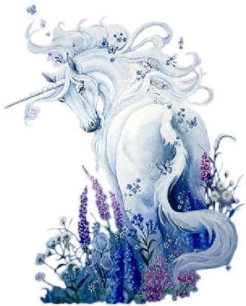 a drawing of a white unicorn with long hair and flowers in front of it's face