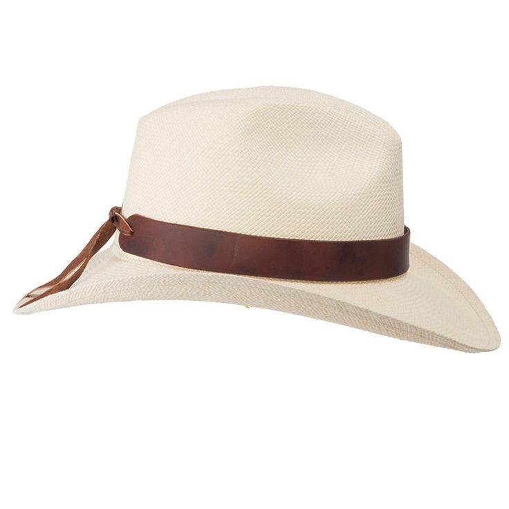 A Southern-inspired Panama made for the long haul. Features a 3 1/8" stiffened brim with raised edges. Woven from 100% Toquilla straw and finished with a hand-crafted leather hatband and teardrop pinched crown. It also features a light coat of water repellent for sudden or accidental light water exposure. A quick-dry inner fabric sweatband is comfortable and breathable. The brim contains a wire to hold its shape. This item is a genuine Panama hat handwoven in Ecuador and hand-finished in the USA Summer Country Leather Hat, Country Style Leather Hats For Summer, Summer Leather Country Hat, Leather Country Hat For Summer, Classic Unlined Panama Fedora Hat, Classic Brimmed Hat, Classic Brimmed Unlined Hat, Classic Unlined Hat With Curved Brim, Leather Hats For Rodeo In Summer