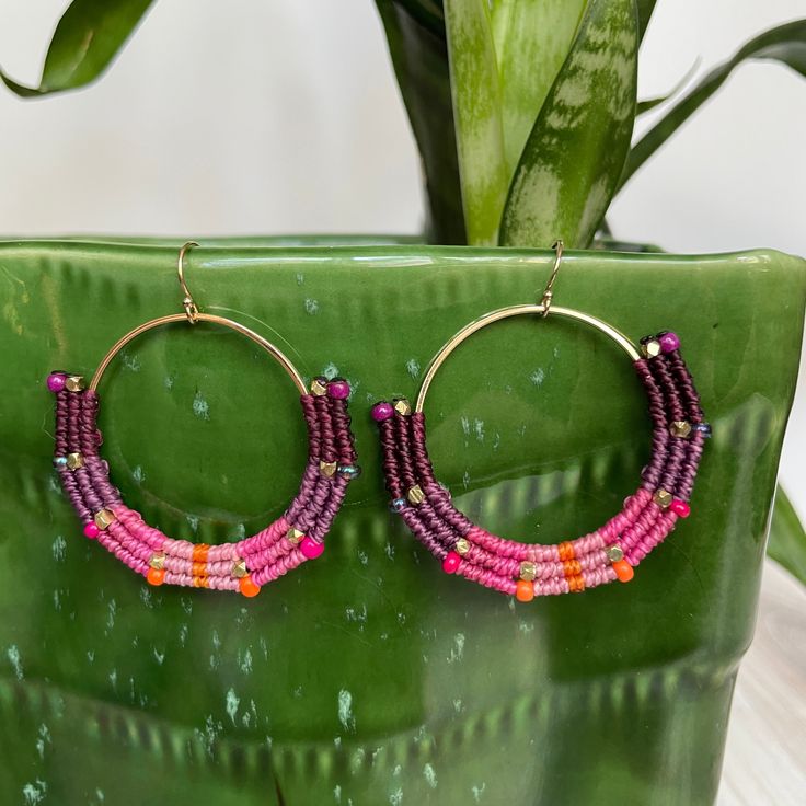 Macrame and beaded earrings in purple, pink and orange. Micro Macrame Earrings, Macrame Earrings, Micro Macrame, Knitting Accessories, Sangria, Ear Wires, Gold Filled, Macrame, San Francisco