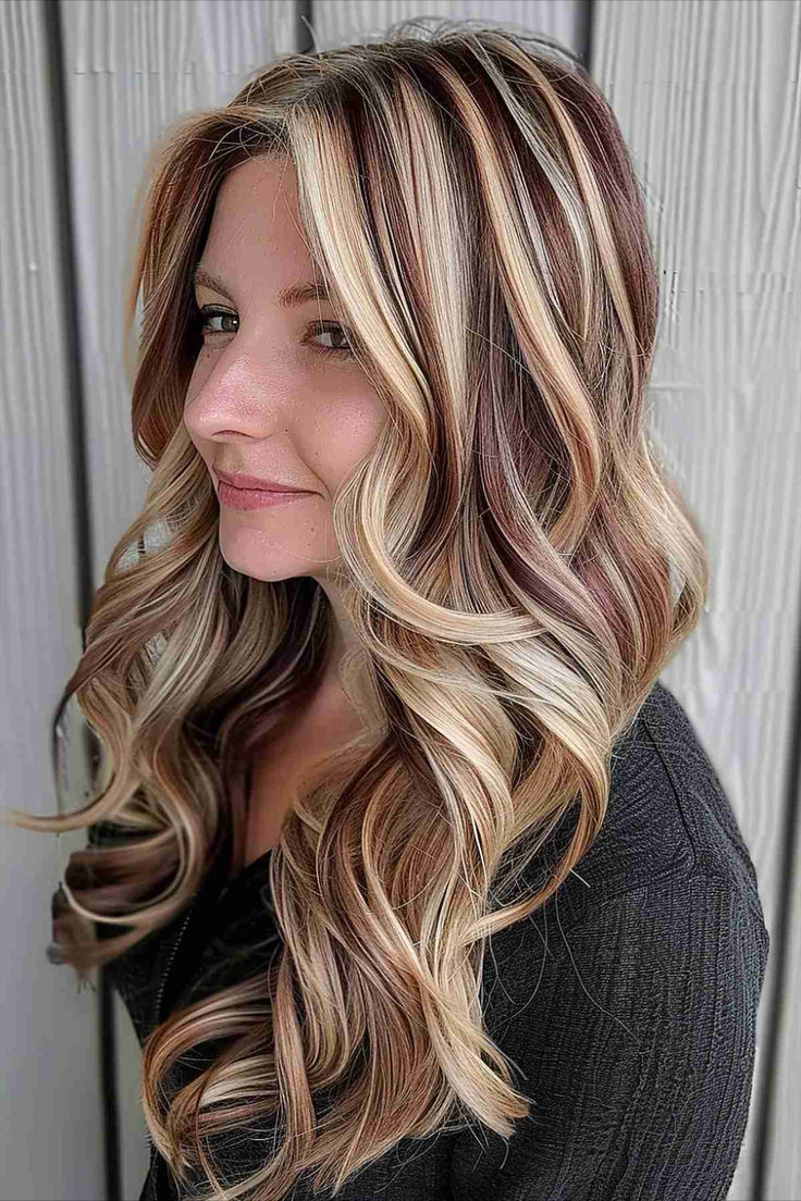 Wavy hair with chunky blonde highlights and lowlights. Ash And Blonde Hair, Chunky Highlights With Shadow Root, Fall Hair Colors Chunky Highlights, Long Hair With Highlights And Lowlights, Red Blonde And Brown Highlights, Blonde Hair With Brown And Red Lowlights, Blonde With Maroon Highlights, Multi Dimensional Blonde Highlights, Chunky Low Lights On Blonde Hair