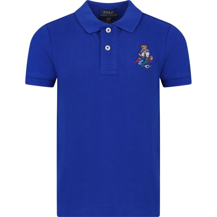 Color: Blue Blue cotton piqué polo shirt, short sleeves, collar, front button closure. It is embellished with Polo Bear and logo embroidered on the chest. 100% Cotton. Machine wash at 30°C. Navy Polo Shirt With Embroidered Logo, Blue Polo Shirt With Embroidered Logo, Blue Short Sleeve Polo Shirt With Embroidered Logo, Blue Cotton Polo Shirt With Embroidered Logo, Blue Collared Polo Shirt With Embroidered Logo, Blue Polo Collar Top With Embroidered Logo, Blue Casual Polo Shirt With Embroidered Logo, Fitted Polo Shirt With Embroidered Logo, Casual Blue Polo Shirt With Embroidered Logo