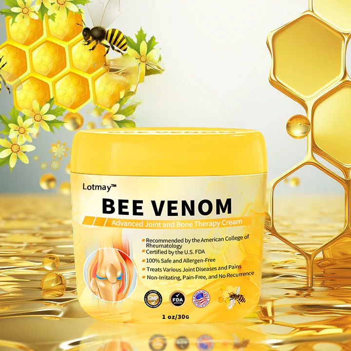 a jar of bee venom cream next to a honeycomb