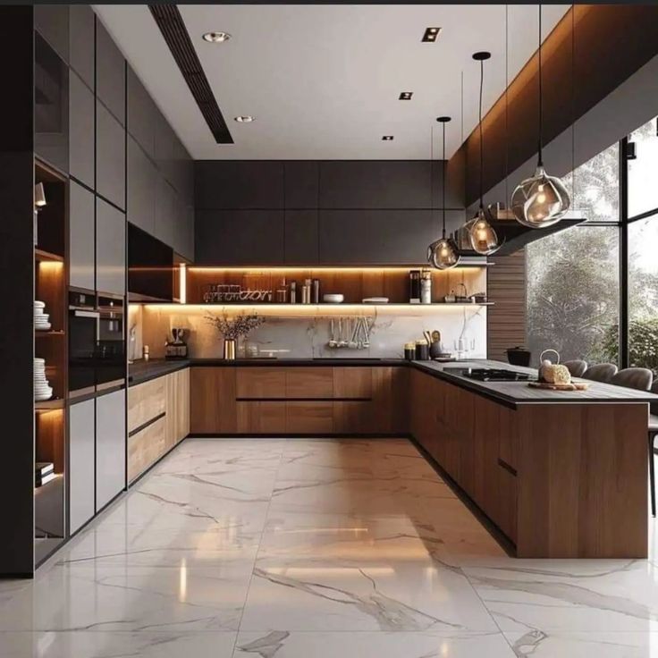 a modern kitchen with marble flooring and wooden cabinets