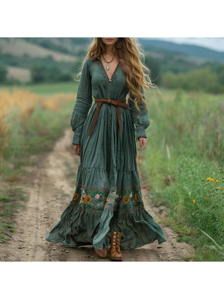 Women Elegant Dresses, Bohemian Pastoral Style Retro Women's Long-sleeved Dress Fall Hippie V-neck Maxi Dress, Spring Bohemian Green V-neck Dress, Hippie Floor-length Boho Print Dress, Green V-neck Hippie Maxi Dress, Bohemian Brown V-neck Boho Dress, Maxi Long Dress, Vestidos Retro, Boho Chic Dress, Sleeved Dress