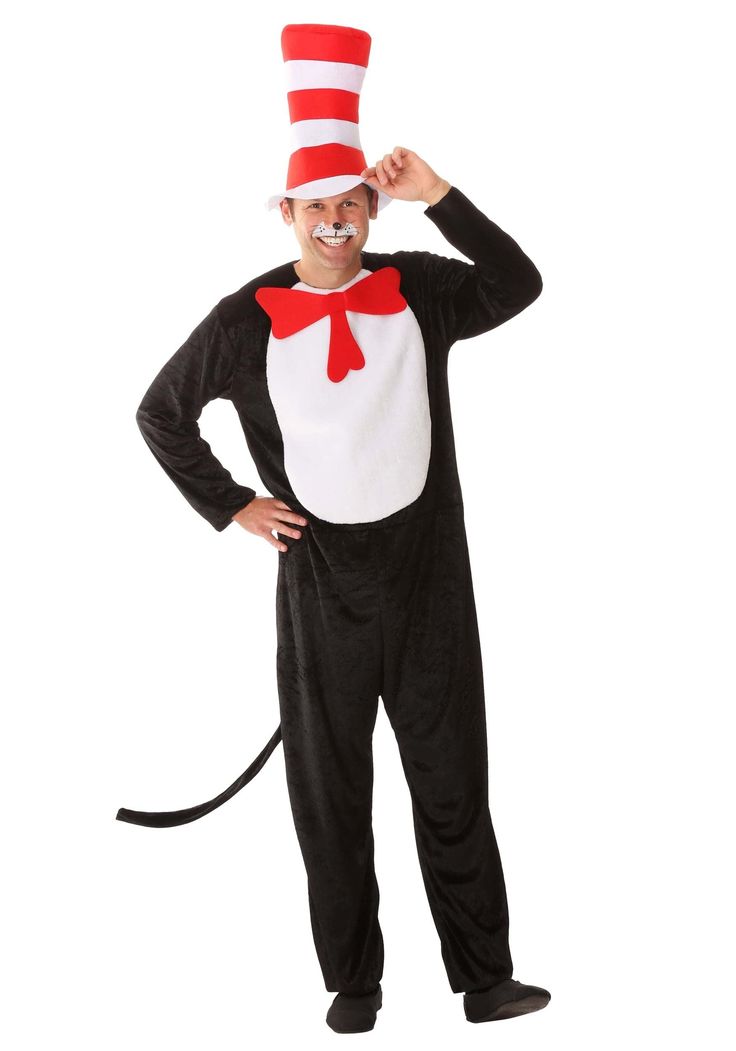 a man wearing a cat in the hat costume and holding his hands on his head