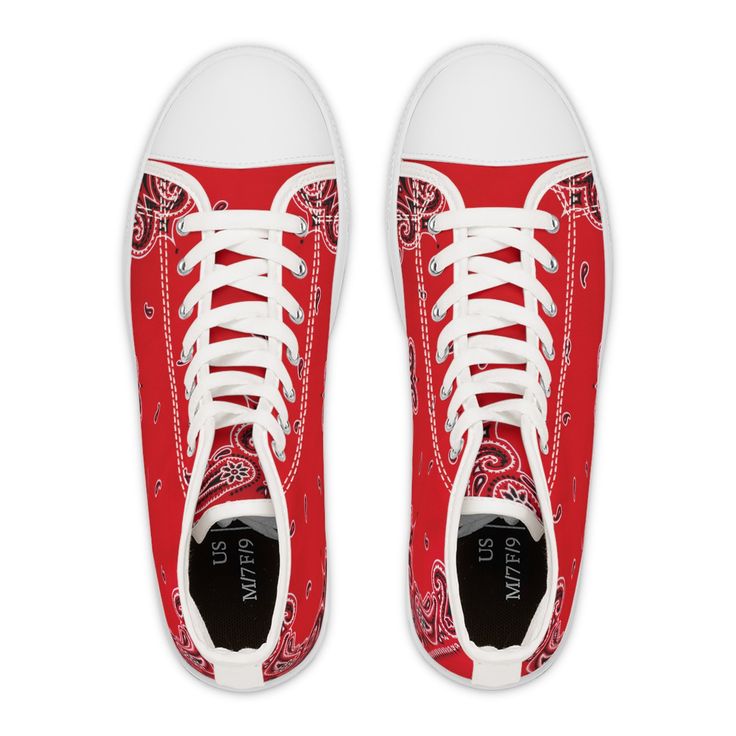 Elevate your style game to new heights with our exclusive Bold Bloods Red Bandana Women's High Top Sneakers. These sneakers are more than just shoes; they are a bold statement of fashion-forward design and comfort. Key Features: Crafted from breathable polyester canvas, these sneakers offer the perfect harmony of comfort and style, ensuring your feet stay comfortable all day. Hi-poly deodorant memory foam insoles provide exceptional cushioning and support, making each step a delight. The full wr Red Casual Sneakers With Logo-print Tongue, Red Lace-up High-top Sneakers With Rubber Sole, Red Lace-up High-top Sneakers For Outdoor, Red Bandana Shoes, Red High-top Textile Sneakers, Red Bandana, Medical Scrubs, Guinea Bissau, Paisley Print