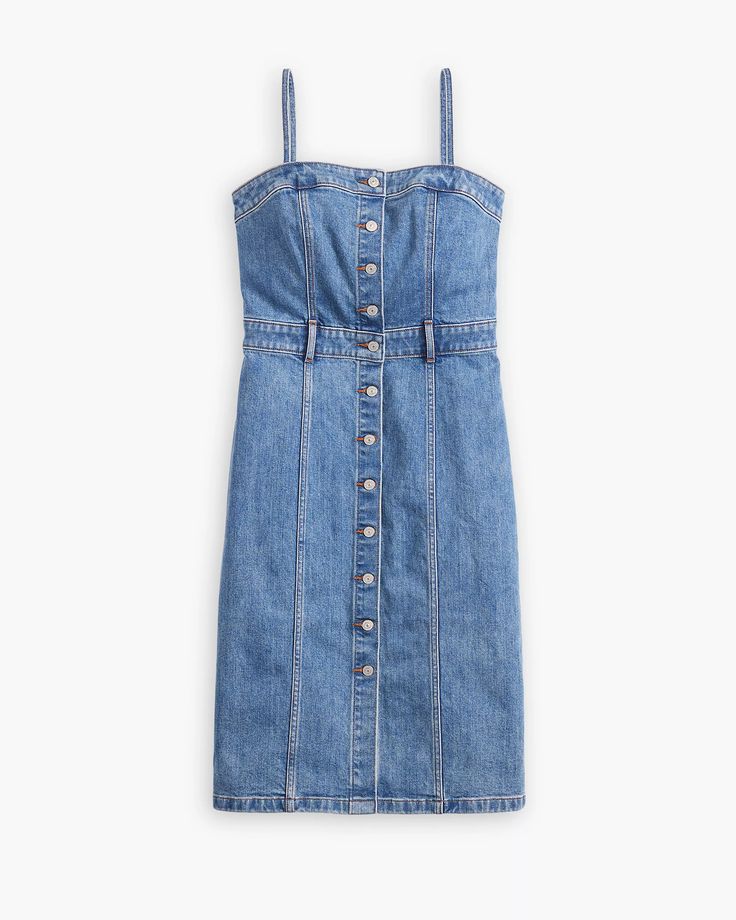 Denim Bustier Dress - Medium Wash | Levi's® US Fitted Midi Corset Dress For Spring, Spring Trendy Fitted Corset Dress, Trendy Fitted Corset Dress For Spring, Knee-length Corset Dress For Date Night, Chic Fitted Denim Dress With Square Neck, Fitted Denim Midi Dress For Date Night, Chic Fitted Square Neck Denim Dress, Cotton Denim Midi Dress With Button Closure, Slim Fit Midi Dress For Summer