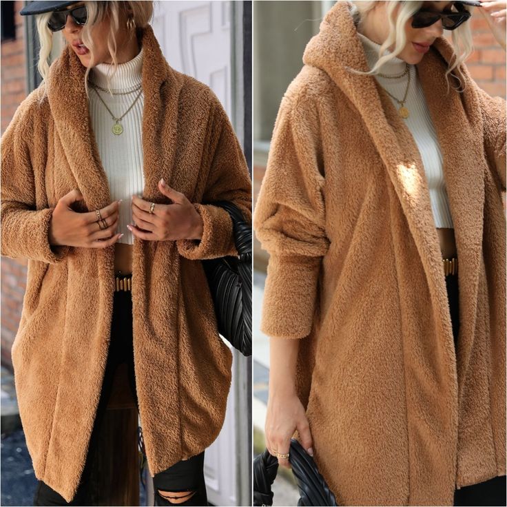 This Coat Features A Cozy Teddy Fabric That Adds A Touch Of Comfort And Texture To Your Ensemble. The Open Front Design Exudes A Relaxed And Modern Vibe, Creating A Versatile Silhouette That Stands Out. With A Hood For Added Coziness And Practicality, This Coat Is Both Fashionable And Functional. Whether You're Layering It Over A Casual Outfit For A Cozy Daytime Look Or Dressing It Up For A More Polished Ensemble, This Caramel Teddy Coat Is A Versatile And Stylish Addition To Your Winter Wardrob Oversized Camel Winter Outerwear, Warm Hooded Beige Outerwear, Beige Hooded Winter Outerwear, Beige Hooded Outerwear For Winter, Brown Long Sleeve Hooded Winter Jacket, Warm Beige Hooded Outerwear, Oversized Brown Winter Outerwear, Oversized Brown Outerwear For Winter, Brown Long Sleeve Hooded Jacket For Fall