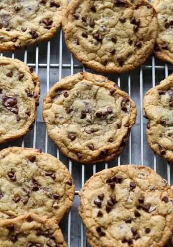 chocolate chip cookies cooling on a wire rack