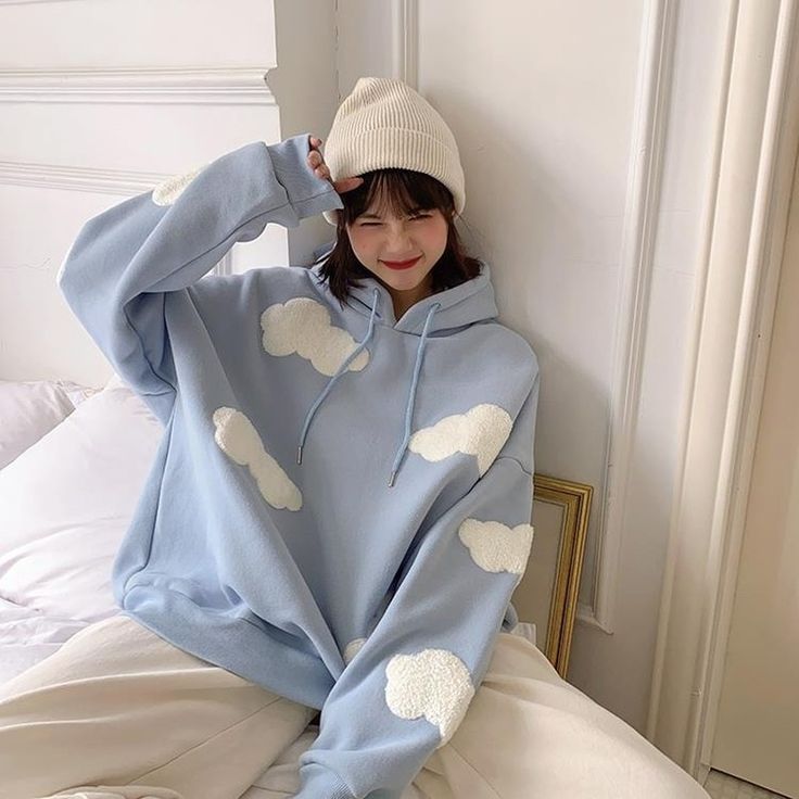 Cloud Sweatshirt, Thick Hoodies, Kawaii Sweatshirt, Kawaii Hoodie, Cloud Pattern, Velvet Hoodie, High Road, Long Sleeve Tops Casual, Winter Sweatshirt