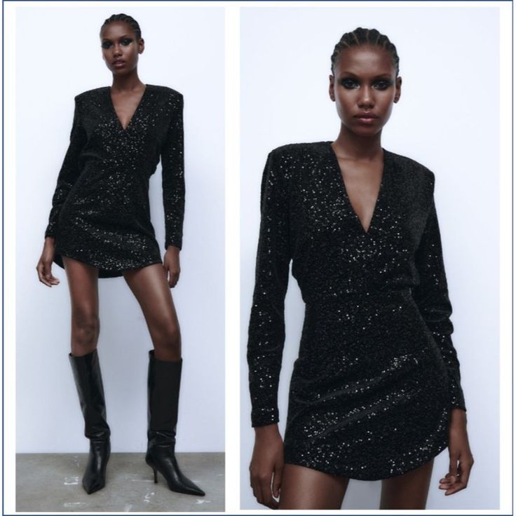 Zara Short Sequin Velvet Dress In Black Lbd Size Xxl . Brand New With Tags. Mini Dress Featuring Plunging V-Neckline, Wrap Front, Long Sleeves, Sequin Appliqu, Side Hidden Inseam & Zip Closure. Outer Shell 92% Polyester 8% Elastane Lining 100% Polyester Measurements Laying Flat: Chest: 23" Waist: 19" Hips: 23" Total Length: 33" Lbd, Party, Cocktail, Clubbing, Sexy, Shiny, Shimmer,, Chic Sequined V-neck Dress For Party Season, Chic Fitted V-neck Dress With Sequins, Fitted Sequin V-neck Dress, Glamorous Long Sleeve V-neck Party Dress, Fitted Black V-neck Dress For Date Night, Glamorous Black V-neck Dress, Glamorous Long Sleeve V-neck Dress For Date Night, V-neck Mini Dress For Cocktail Party Season, Club-ready V-neck Mini Dress With Sequins