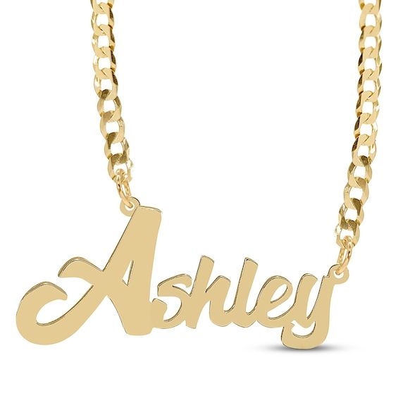 Create a look all their own with this personalized necklace. Crafted in 14K yellow gold The name you choose is written out in script and centered along a bright and bold curb chain The 18-inch necklace secures with a lobster clasp Anniversary Nameplate Chain Necklace, Nameplate Chain Necklace, Gold Nameplate Chain Necklace For Personalized Gift, Anniversary Nameplate Necklace With Curb Chain, Gold Chain Necklace With Nameplate For Personalized Gift, Personalized Nameplate Necklace With Curb Chain, Personalized 14k Gold Chain Necklace For Anniversary, Yellow Gold Name Necklace With Curb Chain As Gift, 14k Gold Name Necklace With Curb Chain As Gift