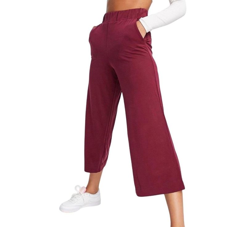 Maroon Red, Burgundy Elastic Waist, Side Pockets, Cropped Length, Wide Leg, Soft Feel Fabric Composition: 70% Modal, 30% Polyester Size Xxs, Nwot Condition, No Flaws Measurements Flat: Waist 11” Inseam 24” Total Length 35” Full Length For Shorter Legs!! Tags: Asos Soft Flow Wide Leg Smooth Wine Red Burgundy Flare Casual Burgundy Bottoms With Elastic Waistband, Red Wide Leg Sweatpants With Elastic Waistband, Casual Burgundy Bottoms For Loungewear, Burgundy Casual Loungewear Bottoms, Casual Burgundy High-waisted Pants, Casual Burgundy Bottoms With Pockets, Casual Stretch Burgundy Bottoms, Burgundy Stretch Casual Bottoms, Casual Burgundy Wide-leg Pants