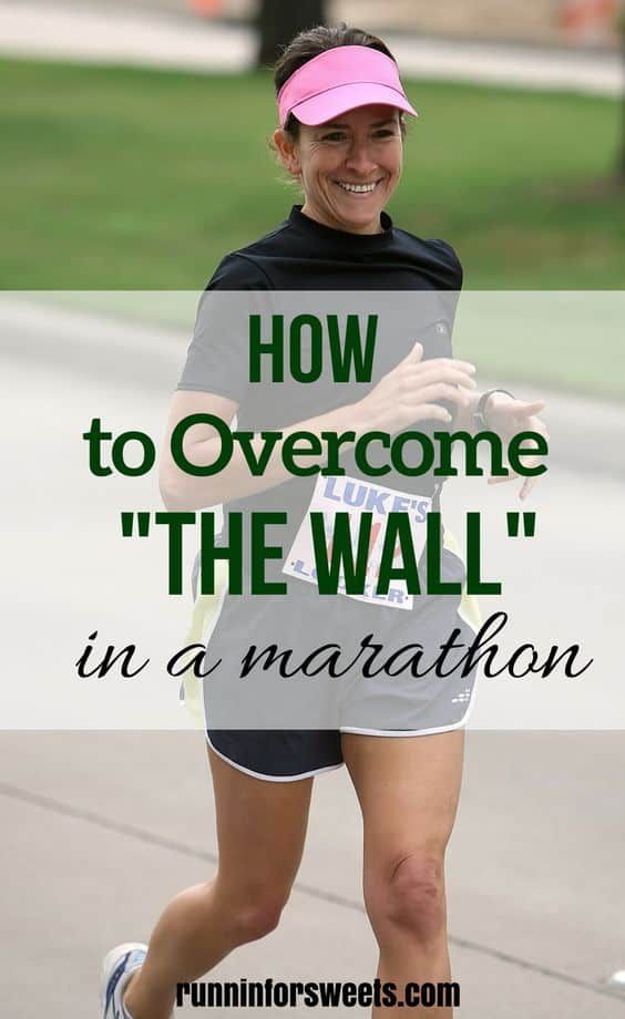 a woman running with the words how to overcome the wall in marathon