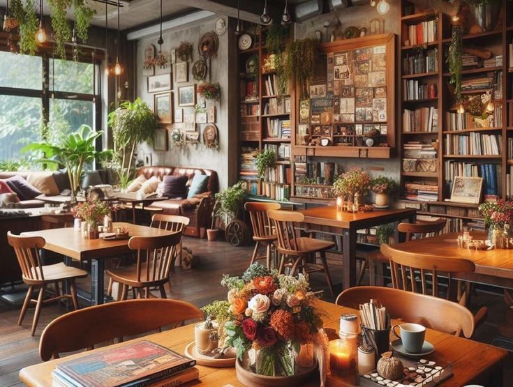 a room filled with lots of wooden tables and chairs next to bookshelves covered in plants