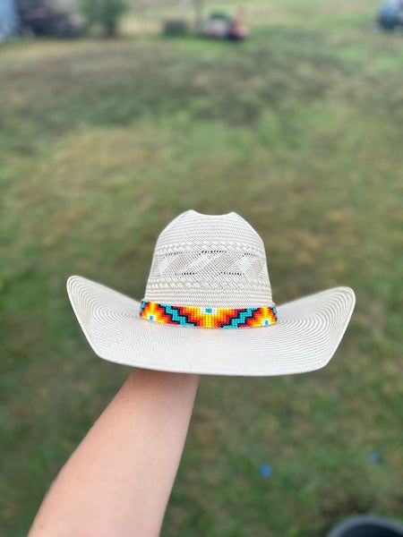 Adjustable Multicolor Hat For Western-themed Events, Traditional Multicolor Beaded Hat Band, Handmade Multicolor Southwestern Hats, Handmade Southwestern Multicolor Hats, Multicolor Beaded Hats For Rodeo, Multicolor Beaded Hat With Curved Brim, Multicolor Beaded Short Brim Hat, Multicolor Beaded Brimmed Hat, Handmade Southwestern Multicolor Hat Band