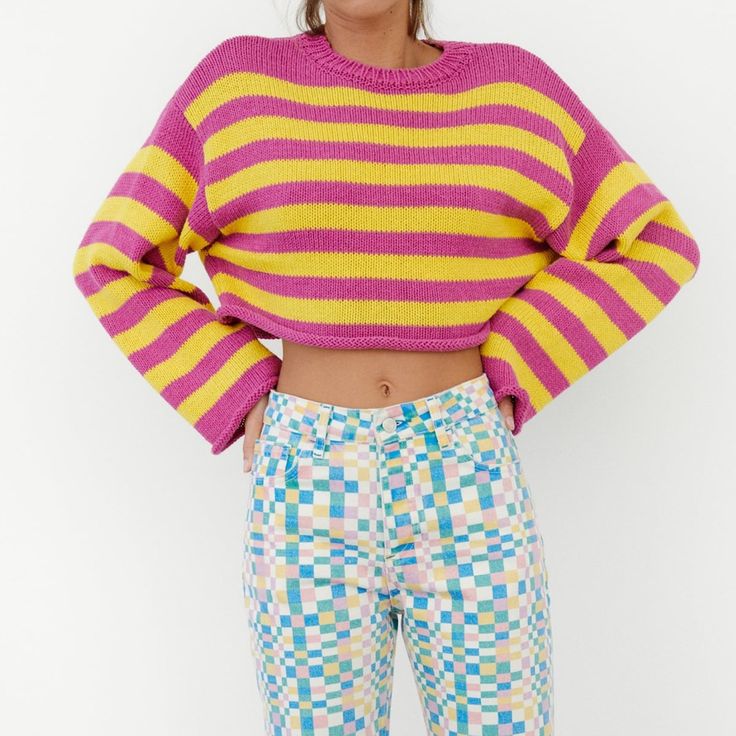 Women’s Zara Cropped Knit Pink & Yellow Striped Sweater Size Small Our Pre-Owned Items Are Cleaned And/Or Steamed. We Do Our Very Best To Disclose All Flaws. Please Review Our Unedited Photos To See The Condition Of This Item. Preowned Condition: Excellent Tags: Cropped, Vibrant, Knit Spring Striped Cropped Sweater, Striped Cropped Sweater For Spring, Multicolor Cropped Sweater For Spring, Multicolor Crew Neck Cropped Sweater For Spring, Spring Multicolor Cropped Sweater, Pink Chunky Knit Top For Spring, Multicolor Chunky Knit Top For Spring, Trendy Long-sleeved Yellow Sweater, Trendy Yellow Long Sleeve Sweater