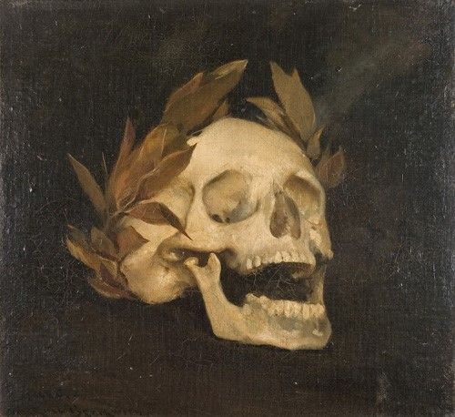 a skull with leaves on its head and the title'a man of genius '