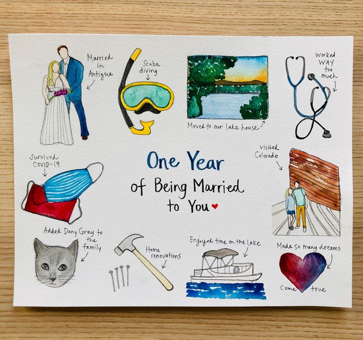 a card with some drawings on it that says one year of being married to you