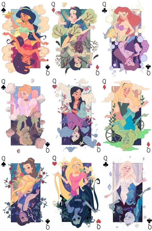 the disney princesses playing cards are all in different colors and shapes, including one that has