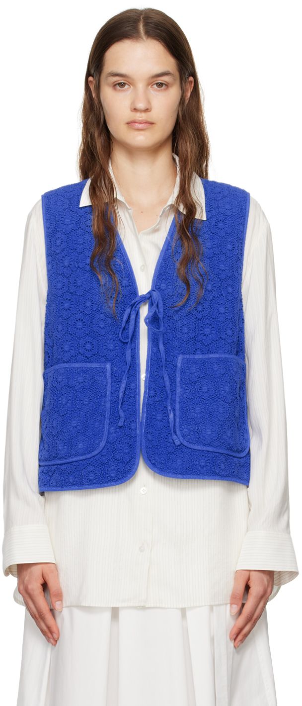 Cotton-blend macramé vest. · V-neck · Self-tie fastening at open front · Patch pockets · Full quilted plain-woven cotton lining Supplier color: Cornflower blue Blue Vest Outfit, Tie Front Vest, Corn Flower Blue, House Coat, Winter Fit, Grey Vest, Blue Vests, Weekend Max Mara, Outerwear Vest