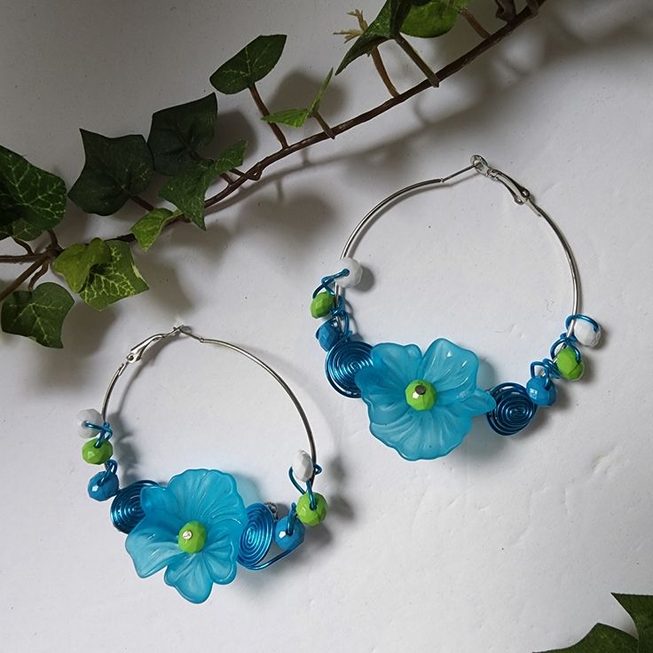 Pretty Garden Hoop Earrings Silver Tone With Beads And Blue Flowers New #10 Trendy Festival Bohemian Boho Gypsy Hippie Festival Summer Floral Hoops Bohemian Blue Wire Wrapped Hoop Earrings, Blue Hoop Earrings With Ear Wire For Beach, Blue Hoop Jewelry For Summer, Adjustable Blue Hoop Earrings For Beach, Adjustable Blue Bohemian Hoop Earrings, Blue Flower-shaped Jewelry For The Beach, Blue Flower Jewelry For The Beach, Blue Flower Hoop Earrings Gift, Blue Flower Hoop Earrings As Gift