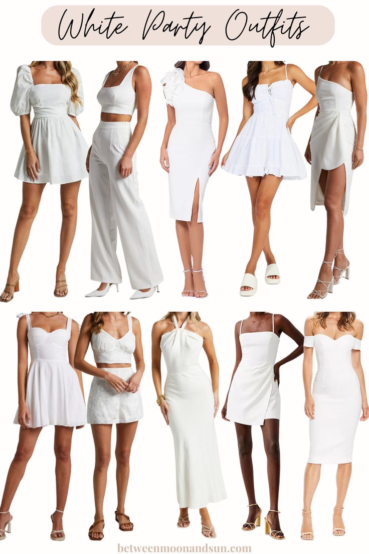 Find your perfect outfit for an All-White Party or a Bridal Party. Stunning and elegant cocktail dresses that ensure the perfect look. Find your perfect fit: classy chic, bold, sexy, casual, or romantic. Let's dive into the world of whites! #CocktailDresses #AllWhiteParty #WhitePartyDress #WhitePartyOutfit #BridalDresses #WhiteOutfit Whiteout Party Outfit, White Party Dresses For Women, All White Dinner Party Outfit, White Dresscode Party, White Dress Outfit Party Night Classy, White Dress Party Outfit, All White Party Outfits For Women, All White Outfit Party Night Classy, White Semi Formal Outfit