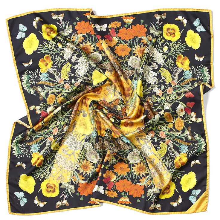 Botanical ‘A’ Silk Scarf in Black & Gold | Aspinal of London Silk Scarf Design, Scarf Collection, South Downs, Pure Silk Scarf, Textile Pattern Design, Vintage Silk Scarf, Aspinal Of London, Scarf Design, Silk Twill