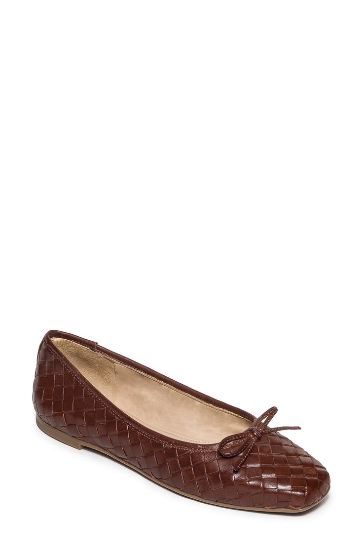 A cushioned footbed lends extra comfort to this everyday ballet flat crafted from woven leather. Cushioned footbed Leather upper, lining and sole Made in Brazil Brown Flats With Woven Sole, Brown Synthetic Flats With Textured Sole, Synthetic Woven Leather Flats, Casual Brown Woven Leather Flats, Leather Slip-on Ballet Flats With Woven Sole, Casual Woven Leather Ballet Flats With Round Toe, Woven Leather Flats With Round Toe, Leather Flats With Woven Sole For Fall, Casual Woven Leather Ballet Flats