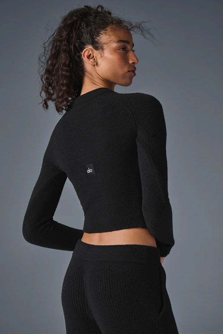 Snuggle Up Sweater Long Sleeve - Black | Alo Yoga Alo Yoga Long Sleeve, Studio At Home, Black Knitwear, Yoga Long Sleeve, Alo Yoga Pants, Matching Pants, Knit Tops, Black Sneakers, Alo Yoga