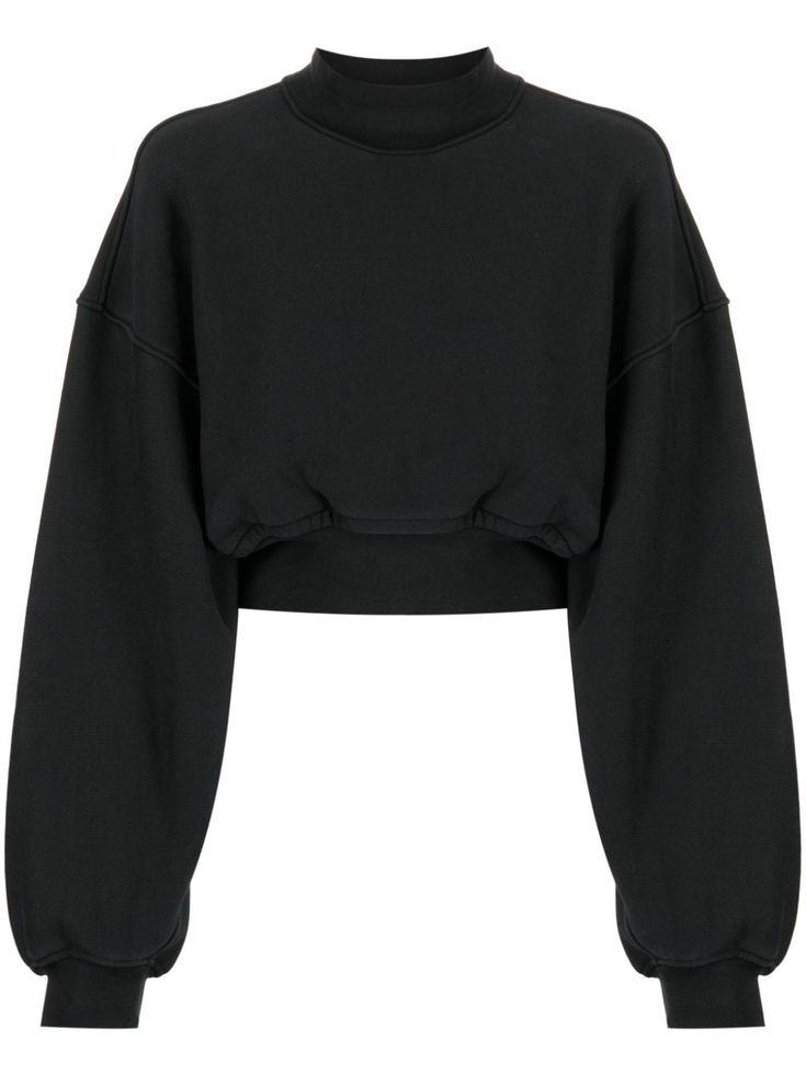 black cotton jersey texture logo patch to the front mock neck drop shoulder long wide sleeves ribbed cuffs and hem fitted waistline cropped