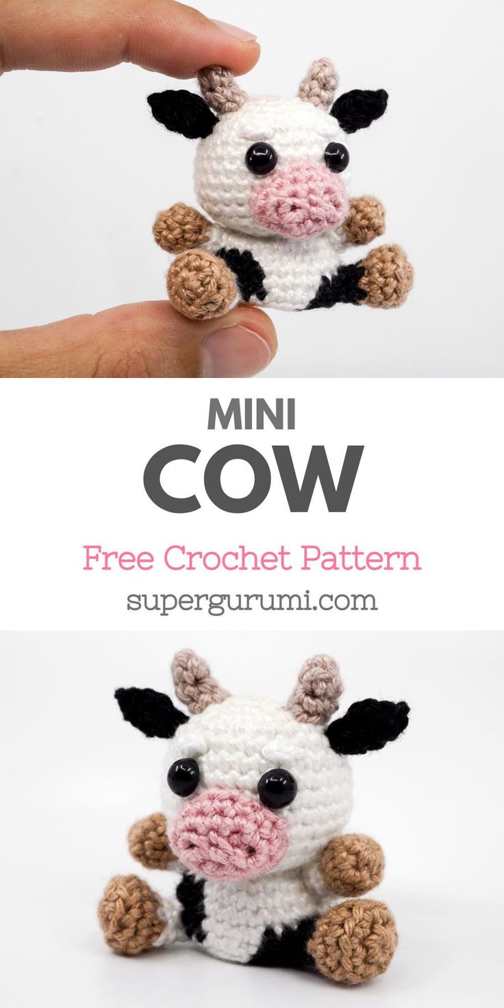 a small crocheted cow sitting in front of a white background with the words mini cow