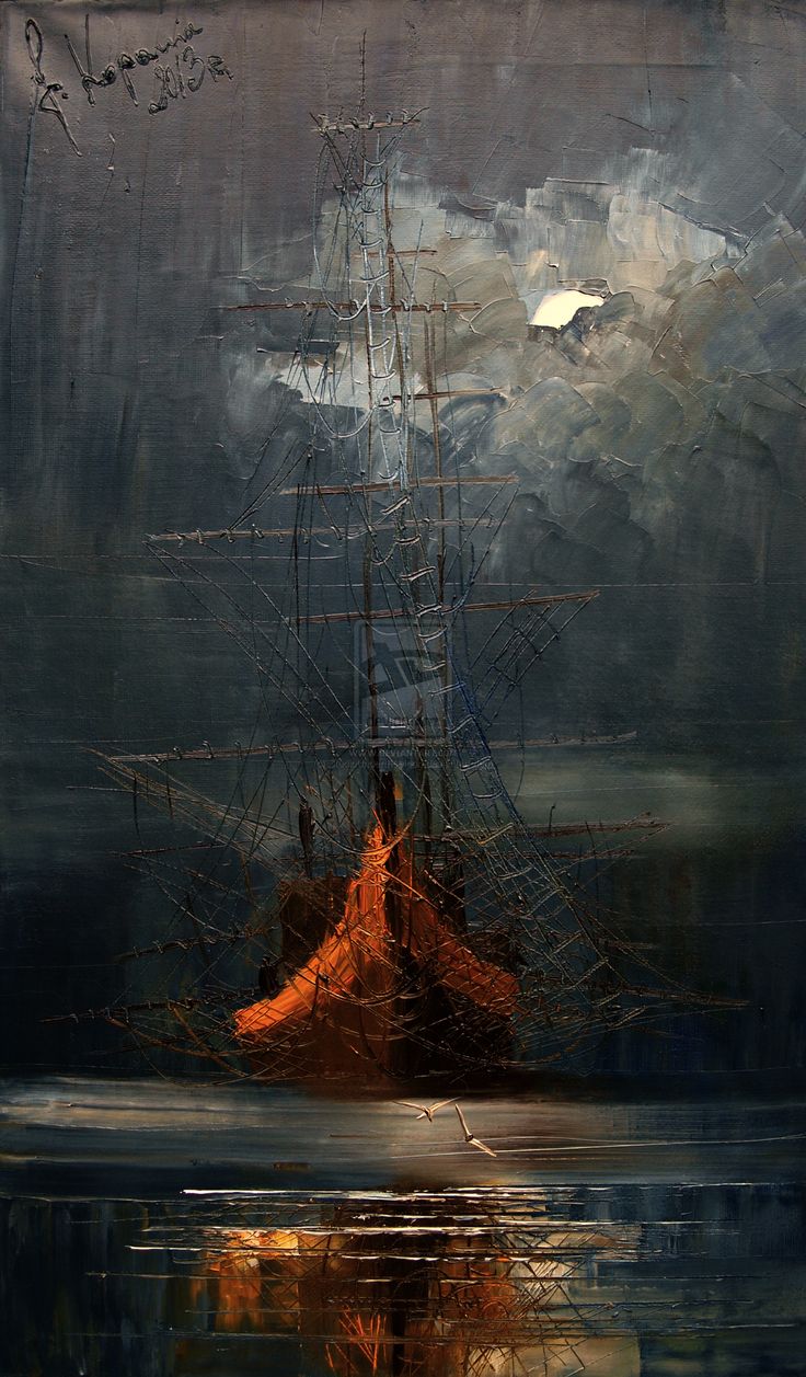 an oil painting of a ship in the ocean with dark clouds above it and water below