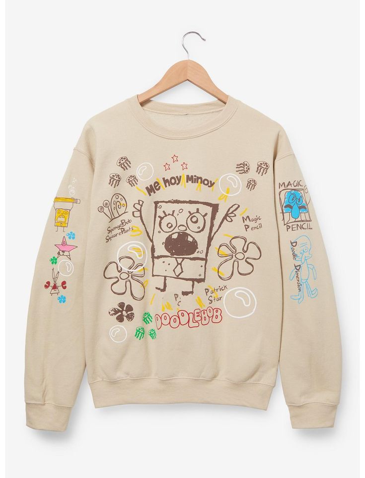 SpongeBob SquarePants DoodleBob Allover Icons Crewneck - BoxLunch Exclusive | BoxLunch Brown Disney Swester, Spongebob Shirt, Silly Clothes, Diary Entries, Patrick Star, Artistic Style, Swaggy Outfits, Really Cute Outfits, Spongebob Squarepants