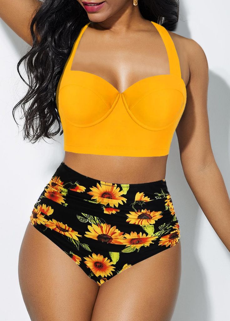 Halter Cutout Back Sunflower Print Bikini Set Floral Bathing Suits, Summer Bathing Suits, Naha, Cute Swimsuits, Swimsuits High Waisted, Disney Films, Plus Size Swimwear, Monokini, Swim Suit