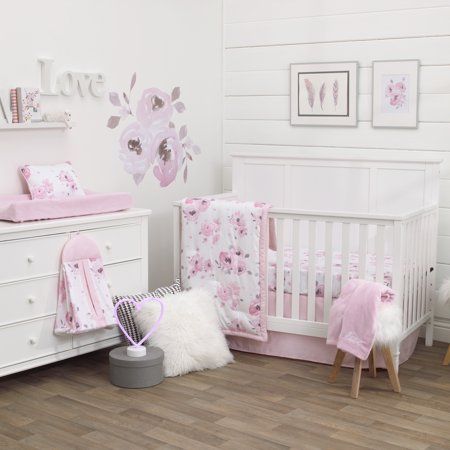 The NoJo Dreamer Watercolor Floral 8-Piece crib set has everything you need in one convenient set! The 8-Piece set includes a comforter, two printed sheets, dust ruffle, diaper stacker, changing pad cover, pillow and blanket, all in soft feminine shade of pink, rose, grey and white. The cabbage rose floral design is perfect for a little girl's nursery. This adorable collection is made of silky soft 100% Cotton Sateen fabrics, with a 200 thread count. The 30 x 40" coral fleece blanket and changin Floral Crib Bedding, Pink Crib, Baby Crib Bedding Sets, Best Crib, Baby Crib Bedding, Bedding Sets Online, White Nursery, Crib Bedding Set, Nursery Crib